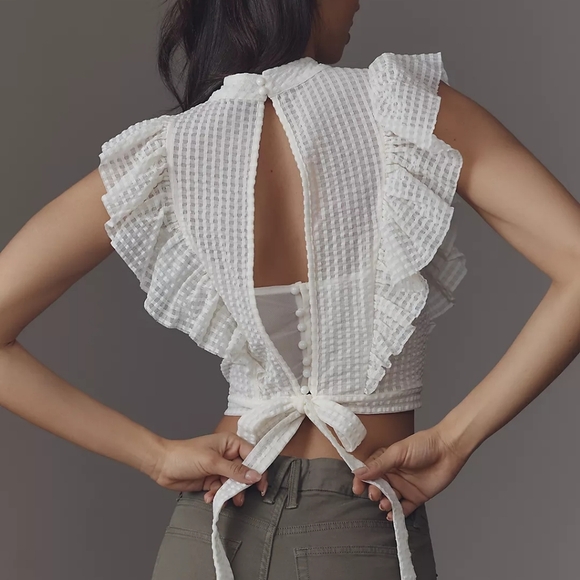 Maeve Cropped Ruffled Mesh Waffle Blouse - Picture 5 of 7